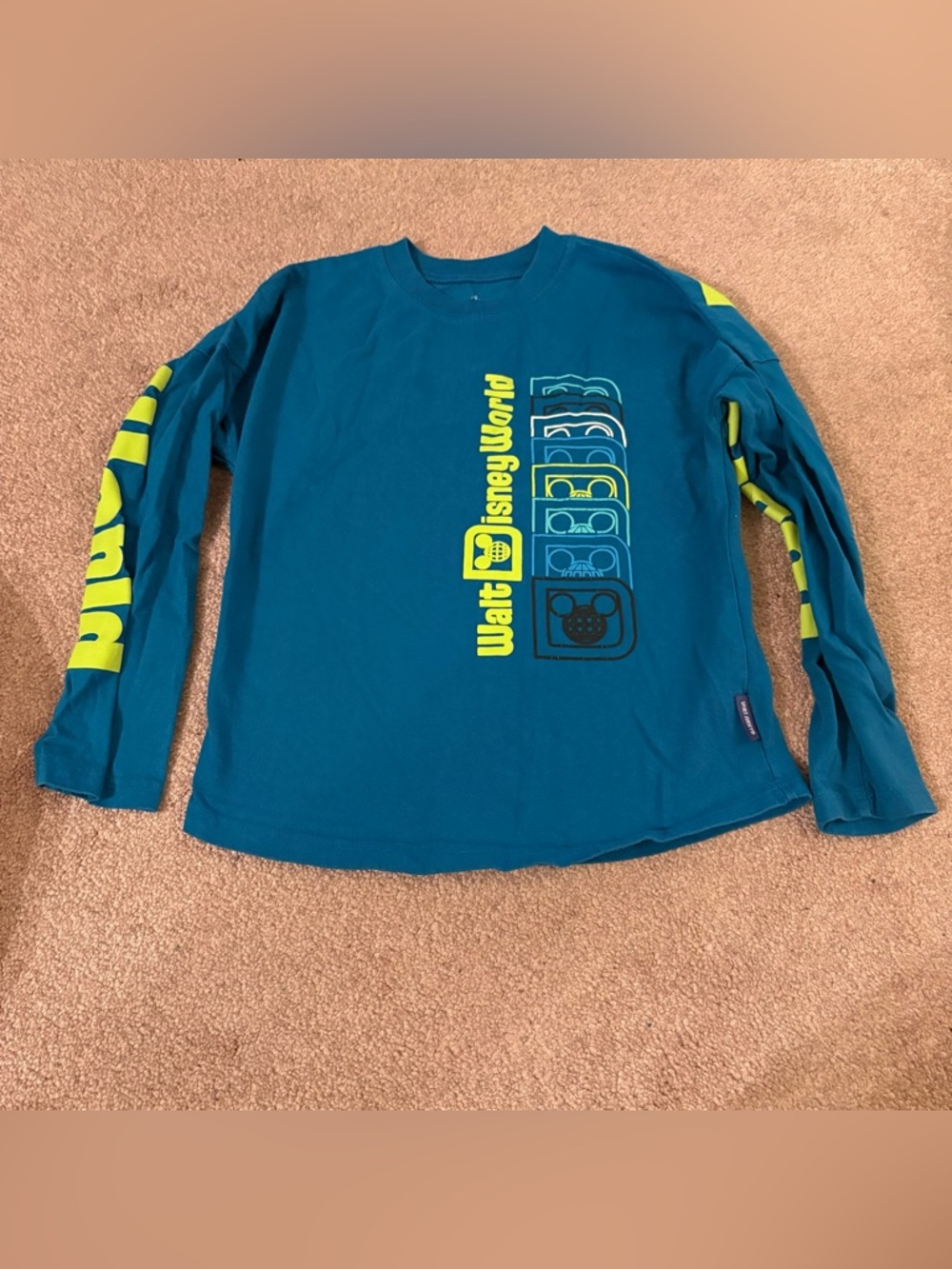 Disney Teal and Neon Yellow- Green Long Sleeve Kids Tee size medium 7/8